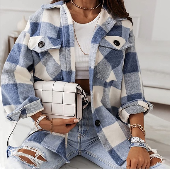 Jackets & Blazers - 4 Blue Warm Brushed Soft Plaid Checker Flannel Pocket Shacket